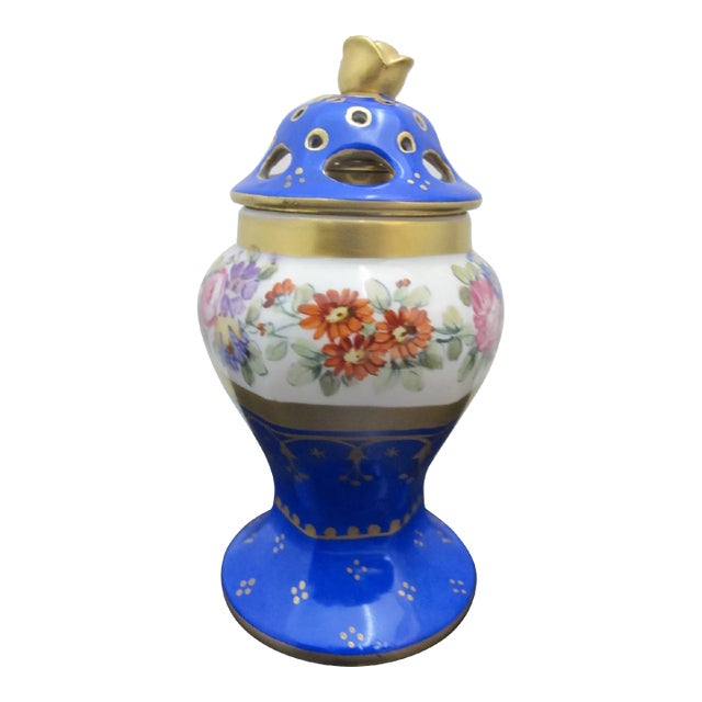 Sevres French Hand Painted Floral Porcelain Gilt Cobalt Blue Perfume Burner For Sale