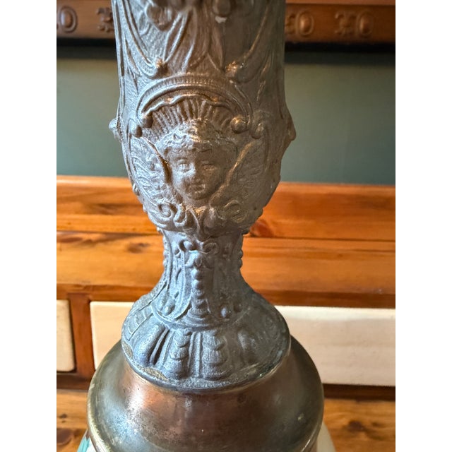 Victorian Statement Antique Victorian Spelter & Hand-Painted Ceramic Mantel Ewers - A Pair For Sale - Image 3 of 17
