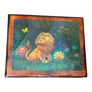 Vintage 1970s Folk Art Handmade Lion Print on Lacquered Wood For Sale