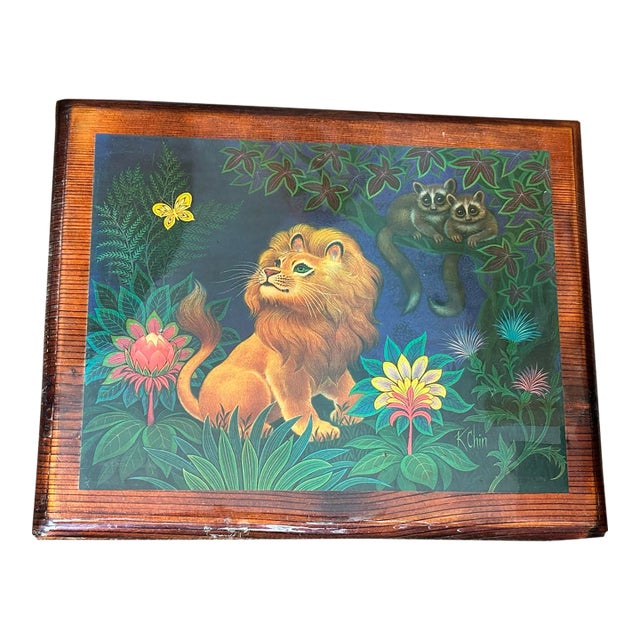 Vintage 1970s Folk Art Handmade Lion Print on Lacquered Wood For Sale