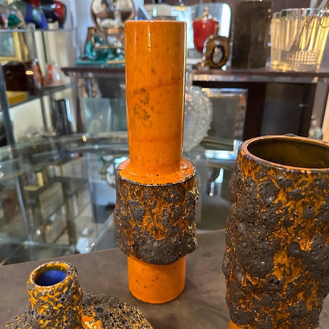 Three 1980s Modernist Orange and Black Fat Lava Ceramic German Vases For Sale - Image 10 of 12