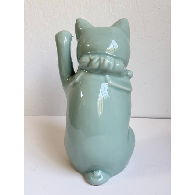 Mid 20th Century Mid 20th C. Gumps of San Francisco Celadon Glazed Porcelain Maneki-Neko Lucky Cat Figure For Sale - Image 5 of 9