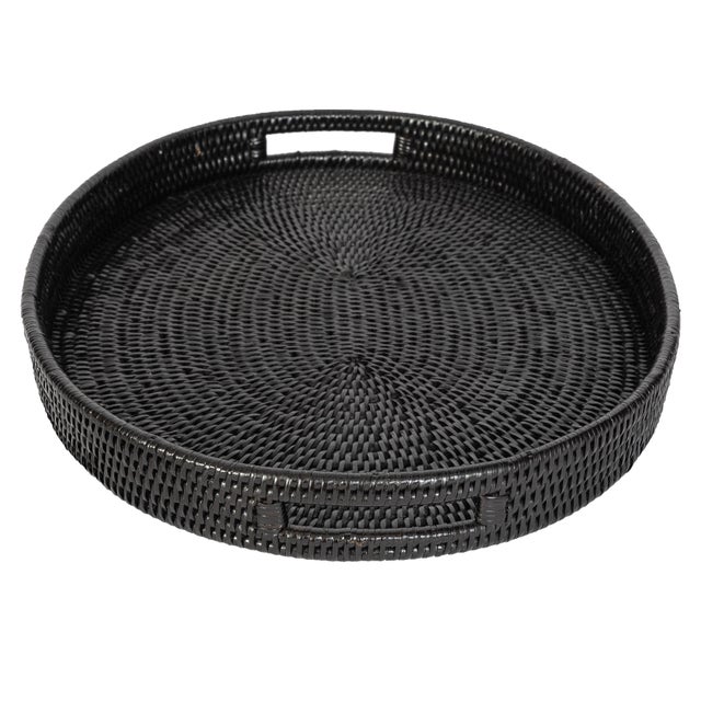 Black Artifacts Rattan Oval Tray With Cutout Handles in Tudor Black - 18" For Sale - Image 8 of 9