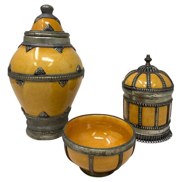 Late 20th Century Set of 3 Vintage Moroccan Ceramic Jars with Silver Filigree, 1980 For Sale - Image 5 of 13