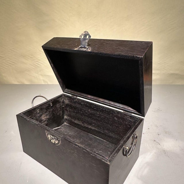 Dark Hardwood Treasure Storage Box With Antique Brass Lock, Asian Chinoiserie Chest For Sale - Image 4 of 9