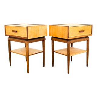 Mid Century Modern Nightstands Side Table Birch Walnut Drawer Italian End Set 2 For Sale
