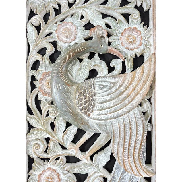 Shabby Chic Vintage Asian Pastel Shaded Carved Teak Wood Floral Panel / Wall Hanging With Peacock For Sale - Image 3 of 7