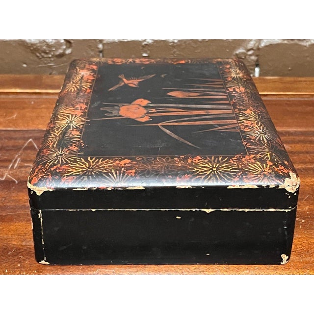 Late 20th Century Antique Japanese Lacquer Box Iris Flower & Bird Motif Black Red Gilt For Sale - Image 5 of 8