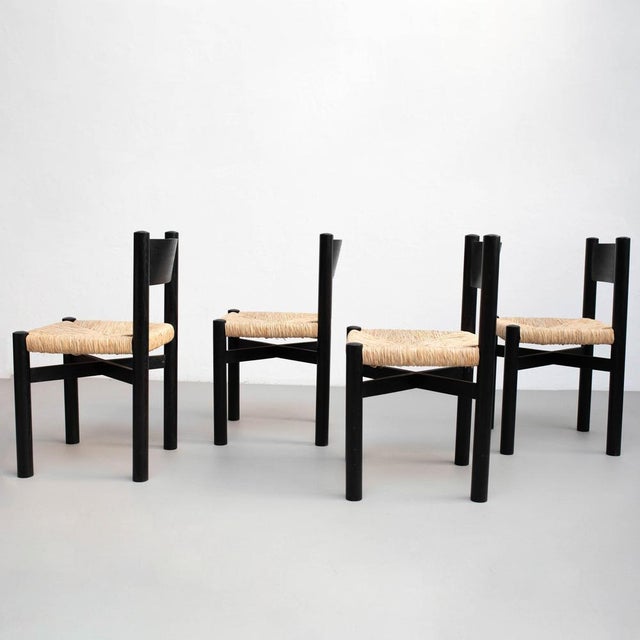 Charlotte Perriand Wood and Rattan Chairs attributed to Charlotte Perriand, 1980s, Set of 4 For Sale - Image 4 of 18
