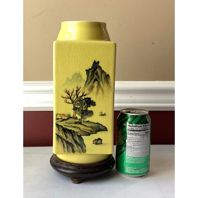 Chinese Vintage Chinese Yellow Porcelain Vase With Painted Mountains & Inscription – Attached Wood Base – 11¼” For Sale - Image 3 of 11