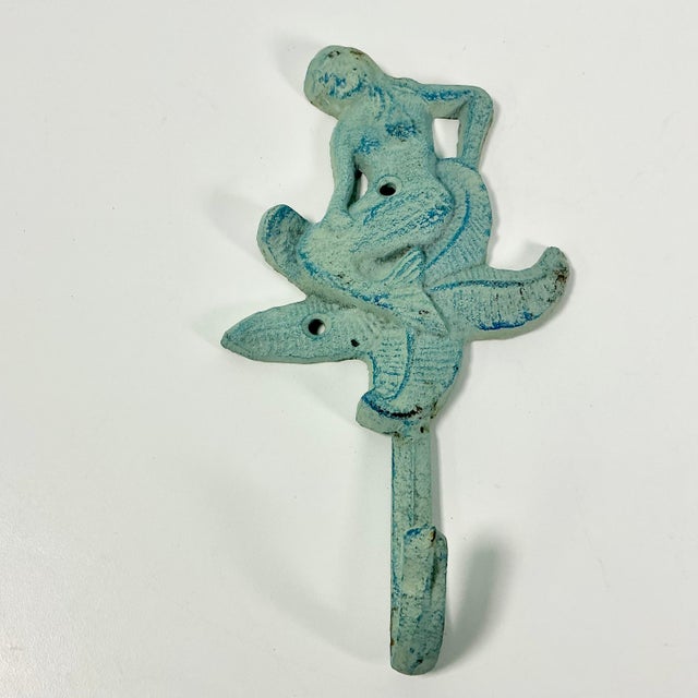 1970s 1970s Vintage Nautical Coastal Cast Iron Verdigris Mermaid Wall Hook. For Sale - Image 5 of 10