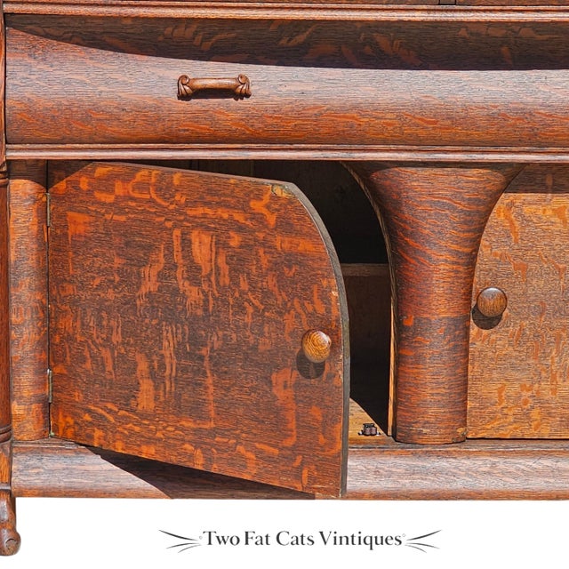 Antique Buffet | American Empire Server | Tiger Oak Sideboard With Carved Lion Paw Feet | Ogee Scroll Drawer | C1890-1915 | 54" Wide For Sale - Image 13 of 18