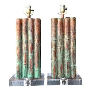 Vintage Faux Bamboo Lamps on Lucite Plinth - A Pair For Sale