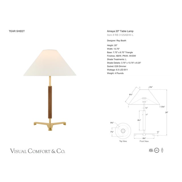 Ray Booth by Visual Comfort Signature Amaya 20" Table Lamp in Antique-Burnished Brass and Walnut with Linen Shade...