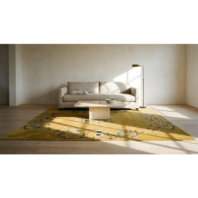 1920s Yellow Saffron Floral Vase Antique Chinese Art Deco Carpet 8'8" X 11'4" Knotted Wool Rug For Sale - Image 15 of 16