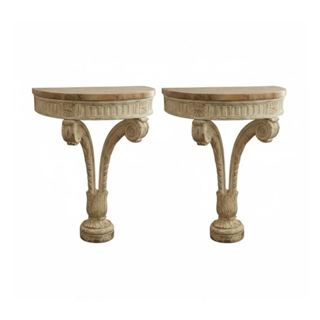 Neoclassical Pair of Neoclassical-Style Demi-Lune Console Tables With Faux Marble Tops For Sale - Image 3 of 5