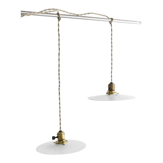 Vintage Milk Glass Convex Pendants, Khaki Cotton Cord, Pair For Sale