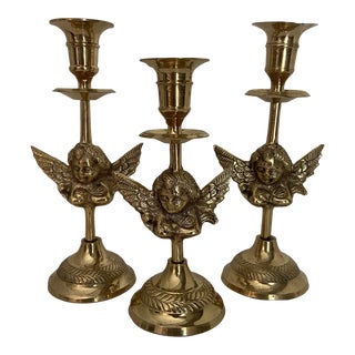 Vintage Solid Brass Angel Candlesticks - Set of Three For Sale