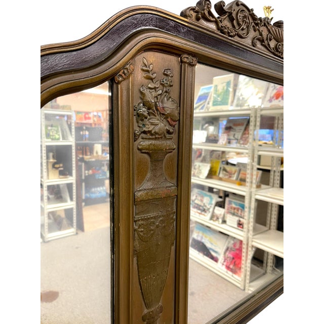 Antique Carved Wood Overmantel Mirror With Floral Urn Motifs and Scrolled Crest. For Sale - Image 10 of 11