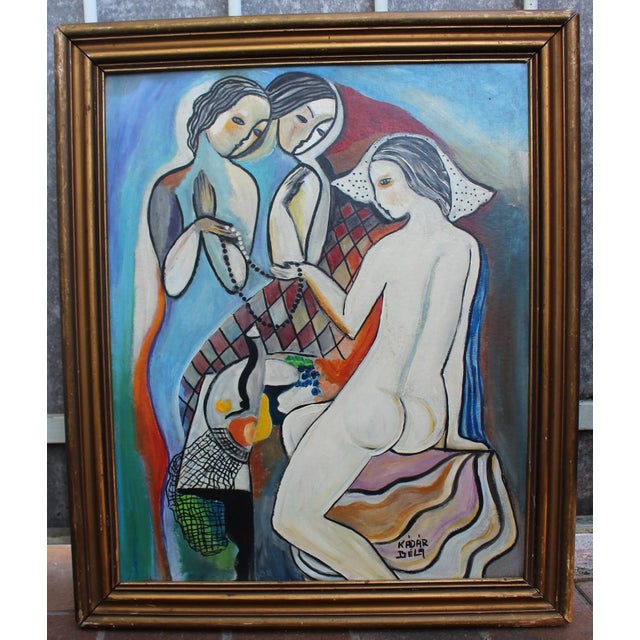 This is a beautiful, large-scale mid-century Modernist oil painting on canvas/board that beautifully captures the...