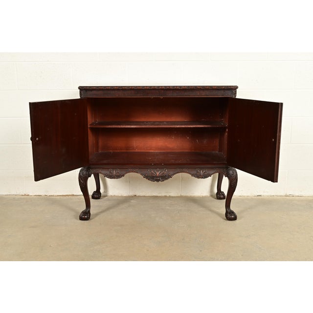 1920s Romweber Antique Chippendale Carved Flame Mahogany Buffet Server or Bar Cabinet, Circa 1920s For Sale - Image 5 of 13