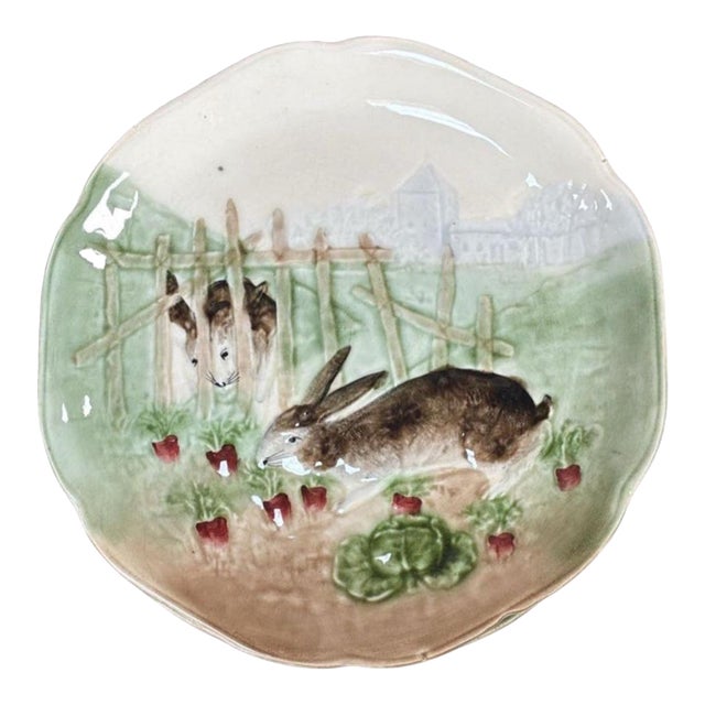 Majolica Bunnies Family Plate Choisy Le Roi, Circa 1900 For Sale