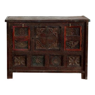 1920s Antique Sideboard Carved Red Wood Chest Entryway Home Decor For Sale