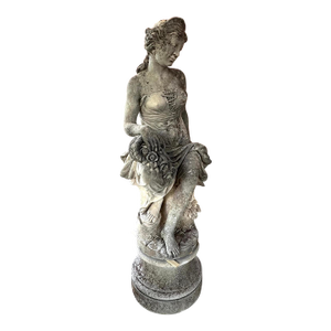 Italian Limestone Statue of Flora on Circular Stone Pedestal