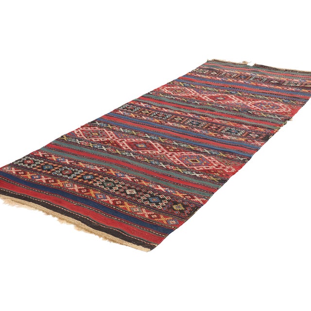 78943 Antique Caucasian Shahsavan Jajim Kilim Rug, 02'06 x 06'09. This handwoven wool Caucasian Shahsavan Jajim Kilim rug,...
