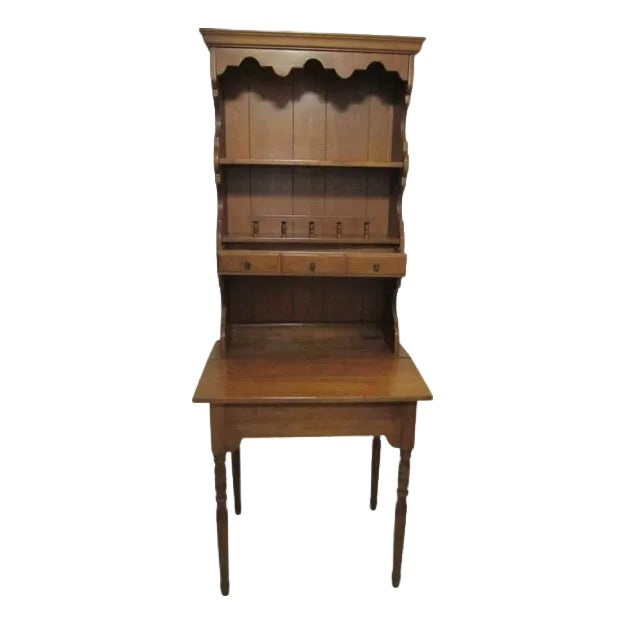 Vintage Antique 1960s Lift Top Maple Wood Desk With Hutch Attached Turned Legs For Sale