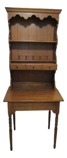 Vintage Antique 1960s Lift Top Maple Wood Desk With Hutch Attached Turned Legs