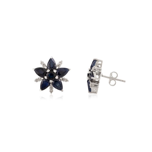 Not Yet Made - Made To Order Blue Sapphire & Diamond Flower Earrings in Sterling Silver- Elegant Cluster Studs- A Pair For Sale - Image 5 of 13