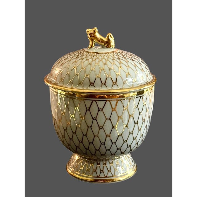 Vintage Gilt Porcelain Urns / Vases With Underplates, Foo Dog Finials and Flower Frogs Inserts, Set of 4 For Sale - Image 12 of 12