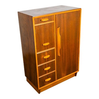 1960s Mid Century Danish Modern Armoire Wardrobe Door Closet Walnut Mirror Drawers For Sale