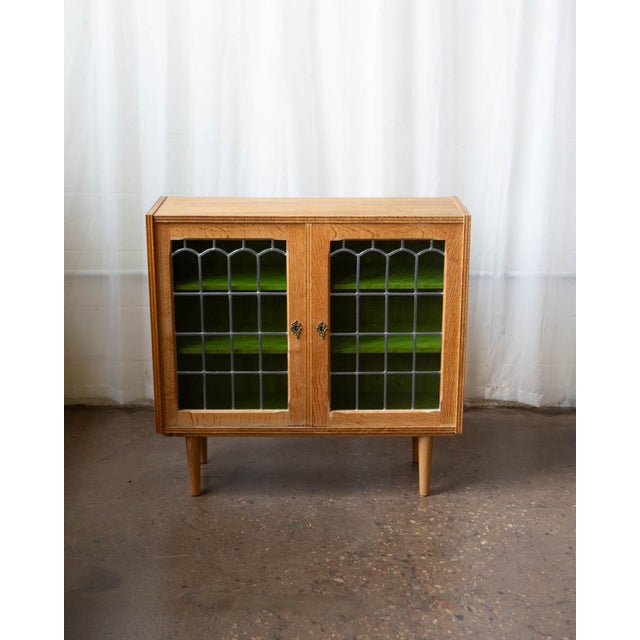 1970s Kjærnulf Style Danish Oak & Stained Glass Cabinet, Attributed For Sale - Image 10 of 12