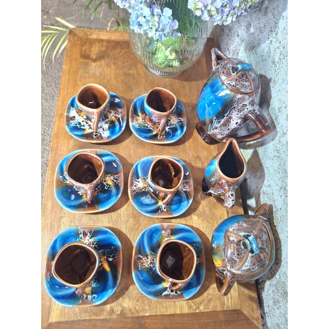Art Deco Vallauris Coffee Service with Cobalt Blue Flamed Glaze, 1950s, Set of 15 For Sale - Image 4 of 18