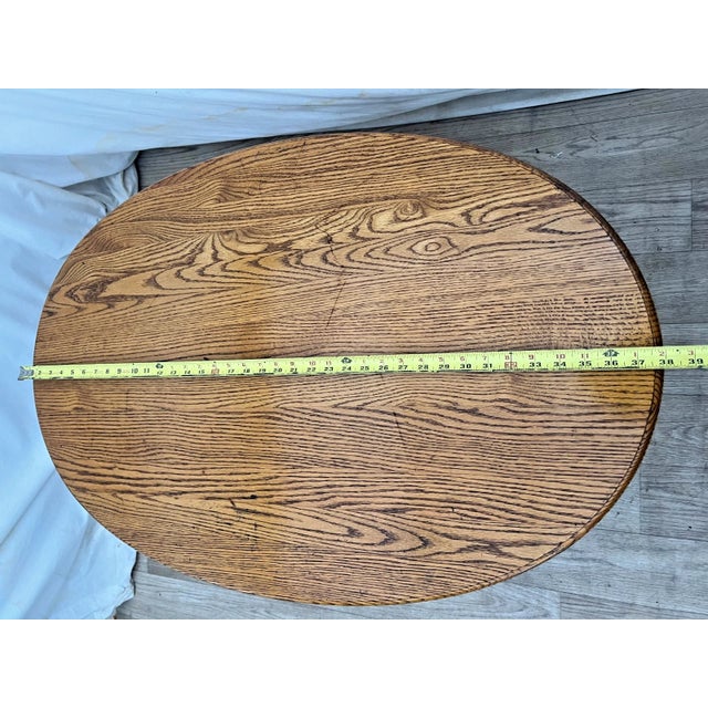 Oval Coffee Table Tiger Oak, Center Drawer, Shelf, Empire Style, Caster Wheels For Sale - Image 11 of 13