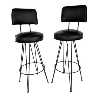 1960s Mid-Century Modern Black Hairpin Legl Bar Stools - a Pair For Sale