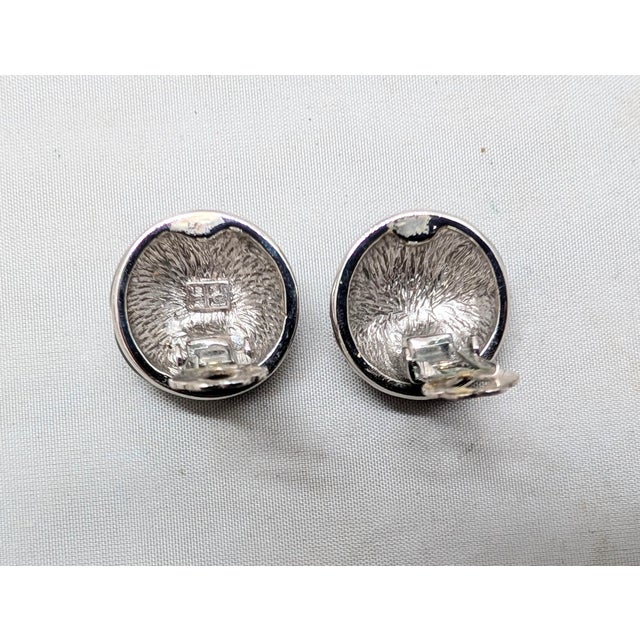 Metal Vintage 1980s Signed Courreges Paris Round Black Enamel & Pavé Clear Rhinestone Clip Earrings-2 Pieces For Sale - Image 7 of 7