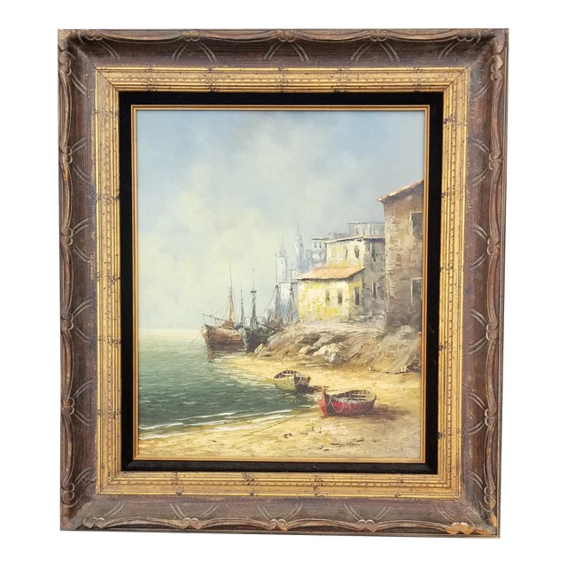 1960s Eleonore Guinther Oil on Canvas Harbor Scene For Sale
