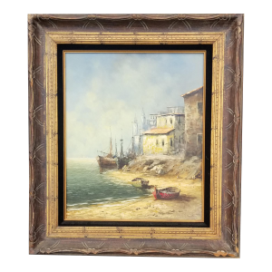 1960s Eleonore Guinther Oil on Canvas Harbor Scene