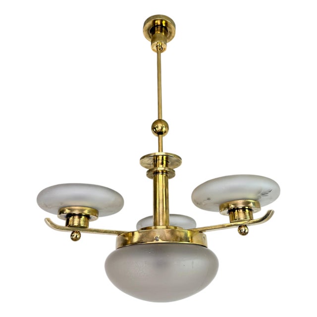 Art Deco Czech Polished Brass Chandelier, 1930s For Sale