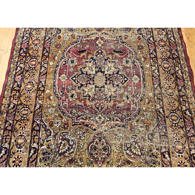 19th Century Persian Kerman Lavar Rug, Hand-Knotted Wool & Silk, Floral Pattern, Gold & Red, 4x6 For Sale - Image 10 of 16