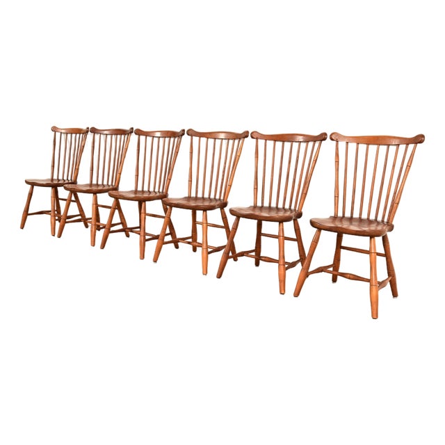 L. & J. G. Stickley American Colonial Solid Cherry Wood Spindle Back Windsor Dining Chairs, Set of Six For Sale