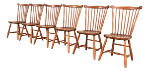 L. & J. G. Stickley American Colonial Solid Cherry Wood Spindle Back Windsor Dining Chairs, Set of Six