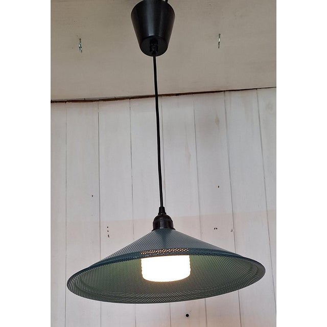 Vintage Pendant Lamp with Perforated Green Metal Shade and White Glass Undershade, 1980s For Sale - Image 3 of 6