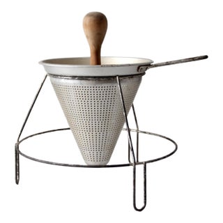 Mid-Century Conical Strainer Set With Stand and Wooden Pestle For Sale