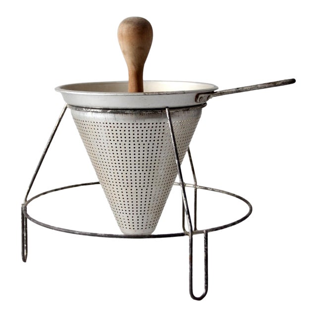 Mid-Century Conical Strainer Set With Stand and Wooden Pestle For Sale