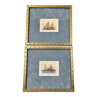 1980s Hand Colored Etchings of Sailboats Signed and Numbered by Listed American Artist David Olson With Blue Mats and Gold Frames - Set of 2 For Sale