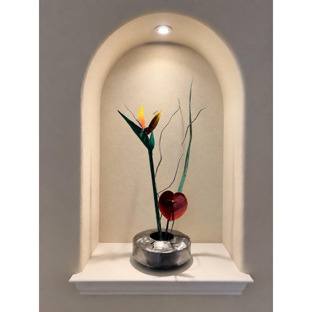 Metal Contemporary Handcrafted Metal Floral Sculpture - Bird of Paradise & Anthurium in Brushed Steel Base - signed "K Johnson" For Sale - Image 7 of 9